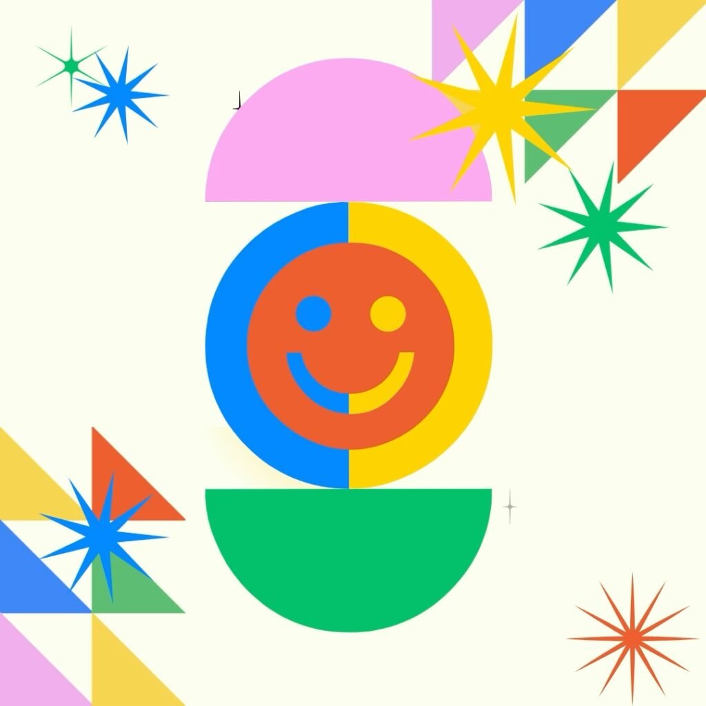 Graphic of a happy face with colourful geometric shapes around it